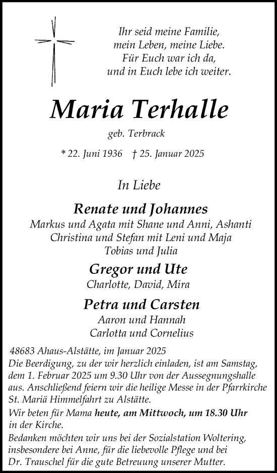 Traueranzeige von Maria Terhalle von Münsterland Zeitung