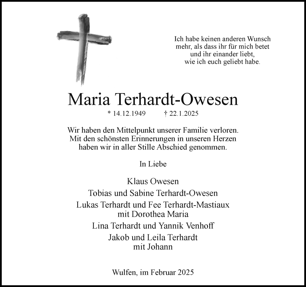  Traueranzeige für Maria Terhardt-Owesen vom 01.02.2025 aus Trauer Vest