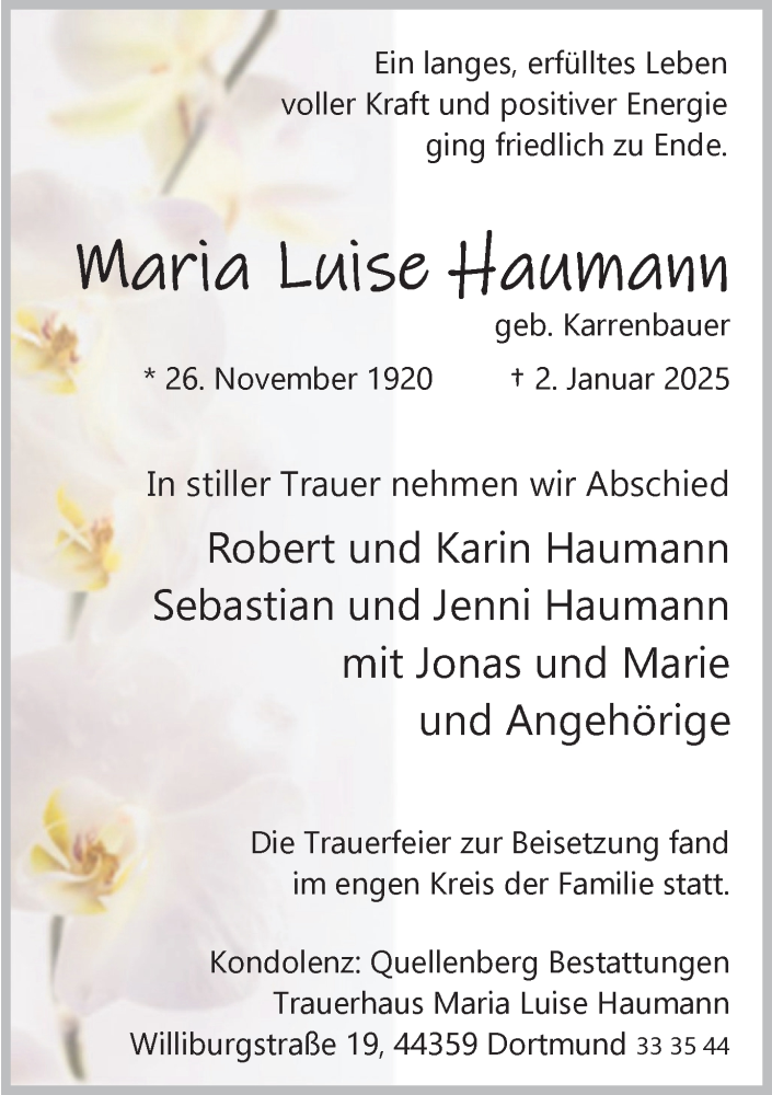  Traueranzeige für Maria Luise Haumann vom 11.01.2025 aus Ruhr Nachrichten
