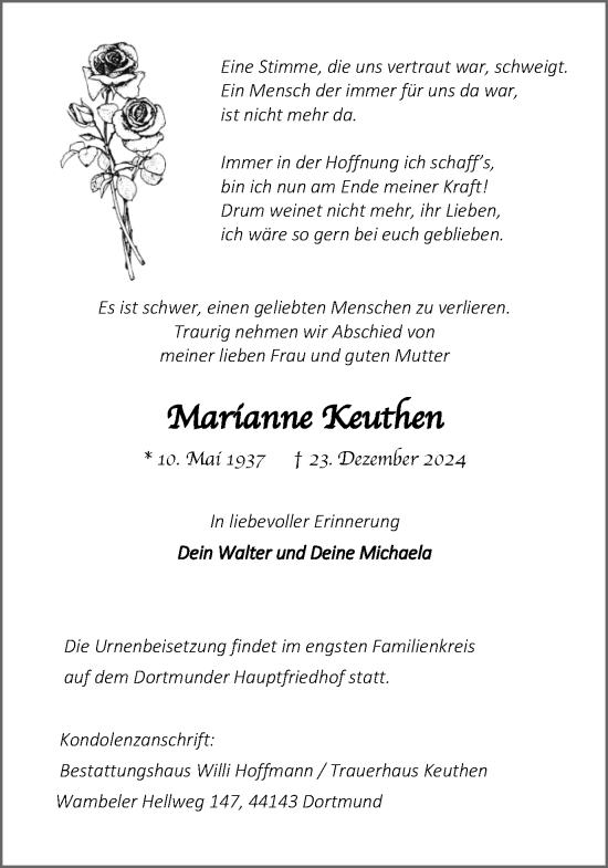 Traueranzeige von Marianne Keuthen von Ruhr Nachrichten