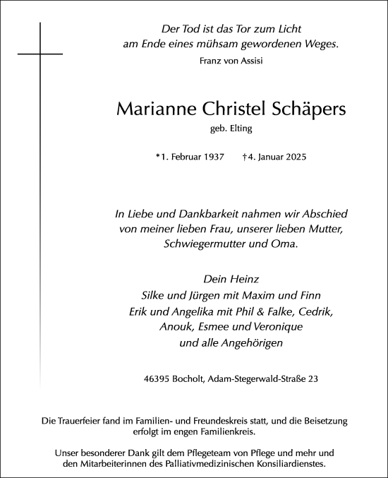 Traueranzeige von Marianne  Schäpers 