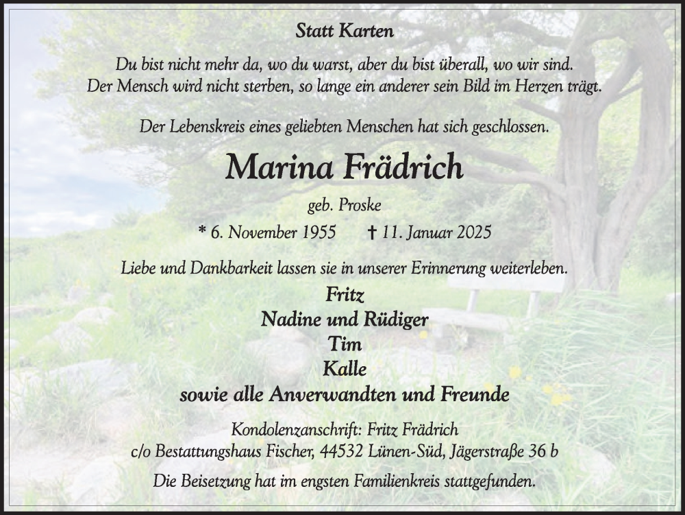  Traueranzeige für Marina Frädrich vom 25.01.2025 aus Lüner Anzeiger