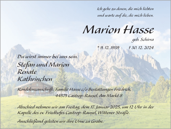 Traueranzeige von Marion Hasse von Ruhr Nachrichten