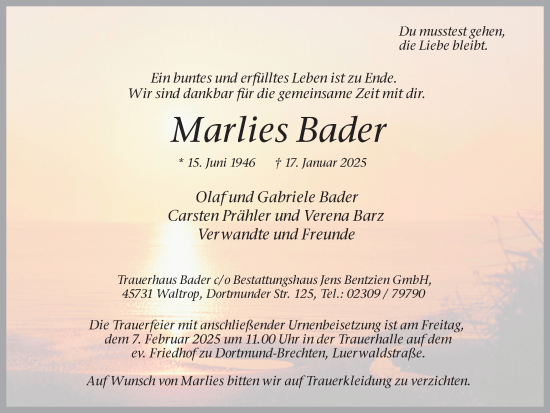 Traueranzeige von Marlies Bader von Ruhr Nachrichten