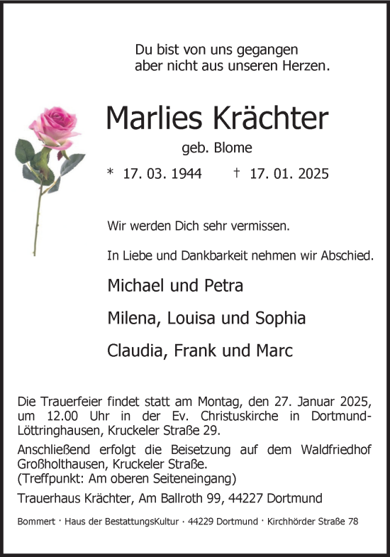 Traueranzeige von Marlies Krächter von Ruhr Nachrichten