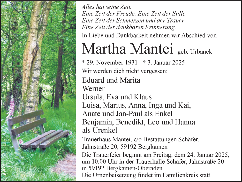  Traueranzeige für Martha Mantei vom 11.01.2025 aus Lüner Anzeiger