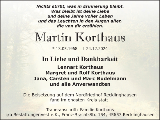 Traueranzeige von Martin Korthaus von Trauer Vest