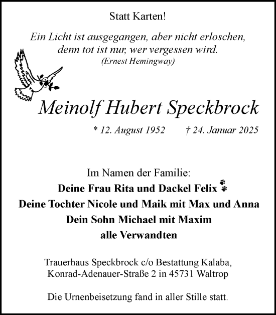 Traueranzeige von Meinolf Hubert Speckbrock von Trauer Vest
