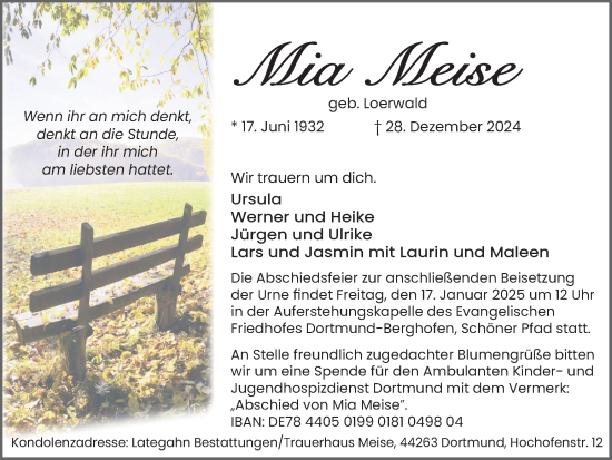 Traueranzeige von Mia Meise von Ruhr Nachrichten