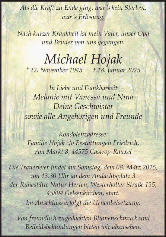 Traueranzeige von Michael Hojak von Trauer Vest