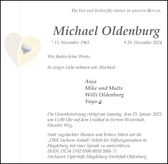 Traueranzeige von Michael Oldenburg von Trauer Vest