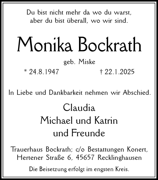 Traueranzeige von Monika Bockrath von Trauer Vest