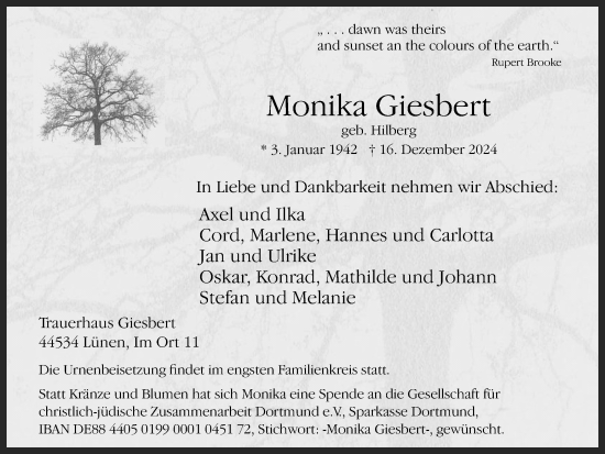 Traueranzeige von Monika Giesbert von Lüner Anzeiger