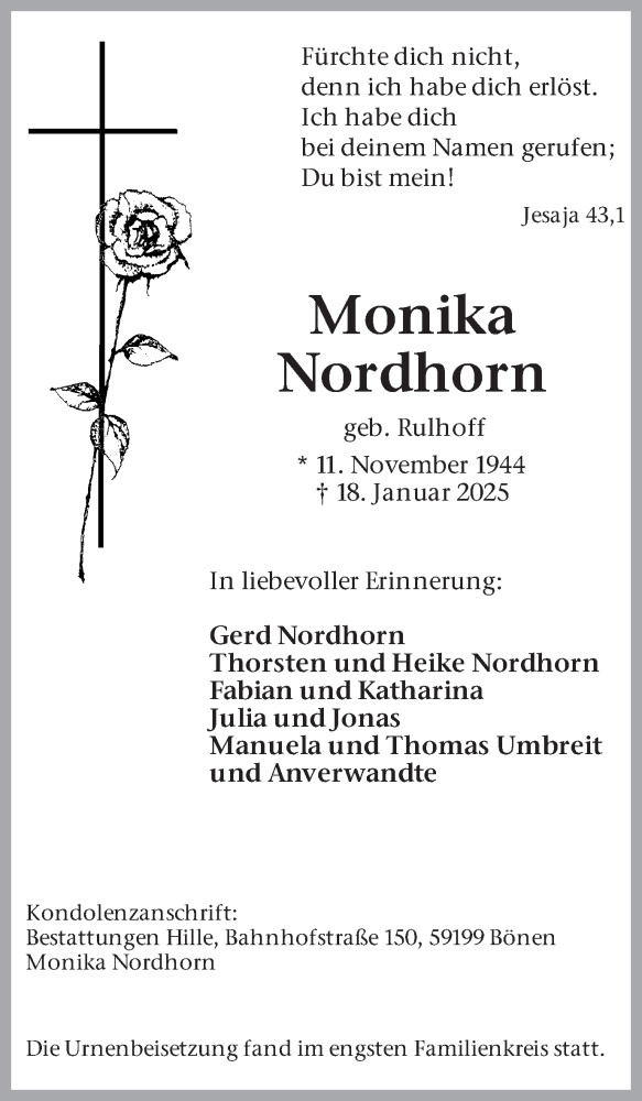  Traueranzeige für Monika Nordhorn vom 01.02.2025 aus Hellweger Anzeiger