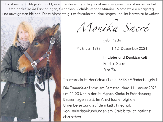 Traueranzeige von Monika Sacre von Hellweger Anzeiger