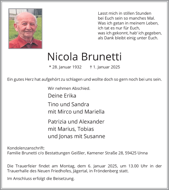 Traueranzeige von Nicola Brunetti von Hellweger Anzeiger