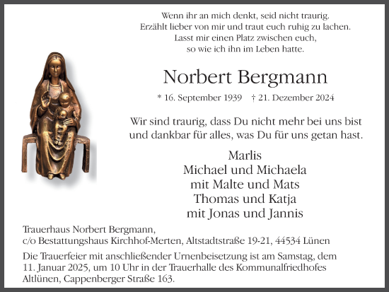 Traueranzeige von Norbert Bergmann von Ruhr Nachrichten