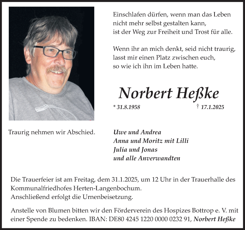  Traueranzeige für Norbert Heßke vom 25.01.2025 aus Trauer Vest