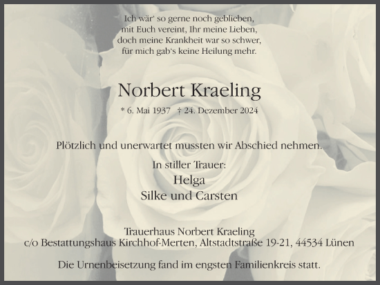 Traueranzeige von Norbert Kraeling von Ruhr Nachrichten