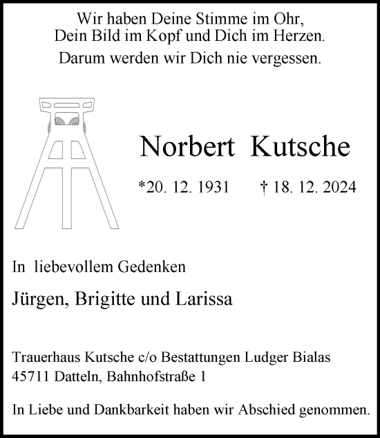 Traueranzeige von Norbert Kutsche von Trauer Vest