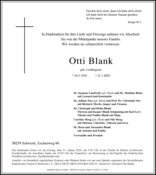 Traueranzeige von Otti Blank von Ruhr Nachrichten
