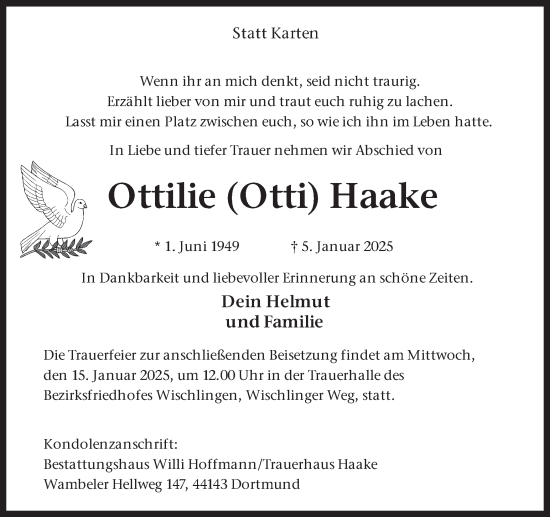 Traueranzeige von Ottilie Haake von Ruhr Nachrichten