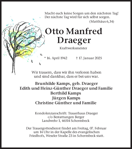Traueranzeige von Otto Manfred Draeger von Ruhr Nachrichten und Dorstener Zeitung