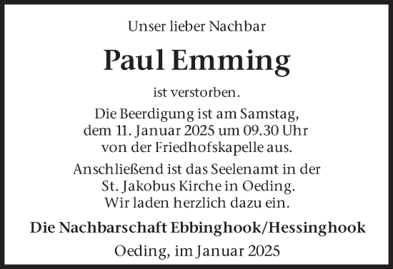 Traueranzeige von Paul Emming von Münsterland Zeitung