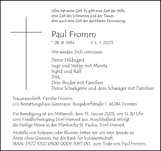 Traueranzeige von Paul Fromm von Ruhr Nachrichten und Dorstener Zeitung