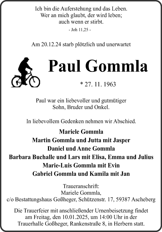 Traueranzeige von Paul Gommla von Ruhr Nachrichten