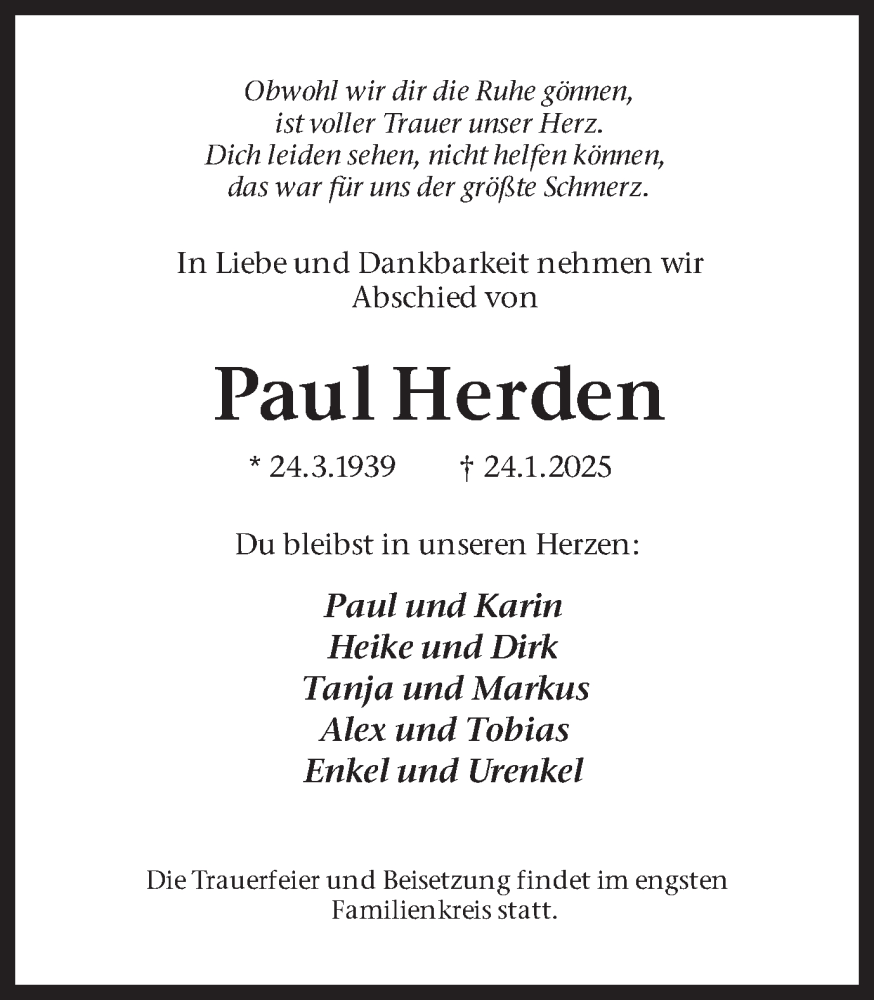  Traueranzeige für Paul Herden vom 01.02.2025 aus Trauer Vest