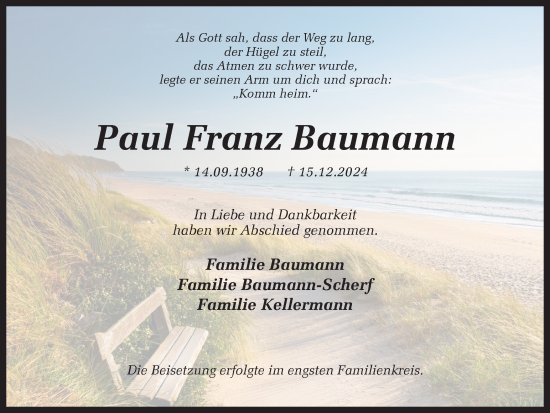 Traueranzeige von Paul Franz Baumann von Ruhr Nachrichten und Dorstener Zeitung