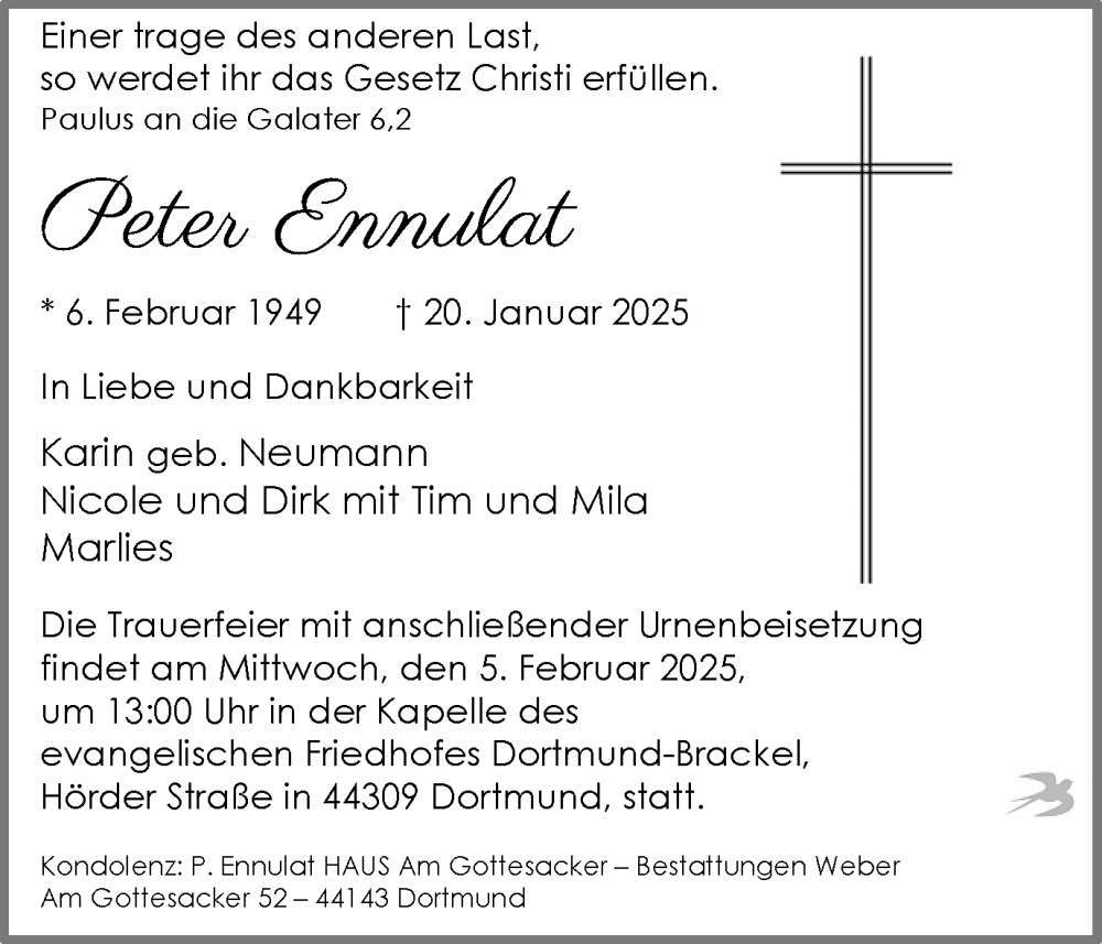 Traueranzeige für Peter Ennulat vom 25.01.2025 aus Ruhr Nachrichten