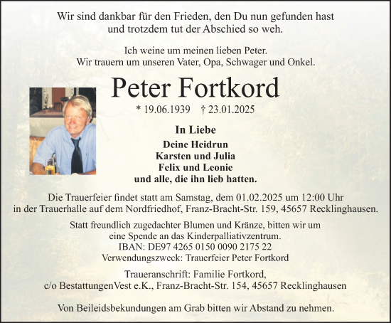 Traueranzeige von Peter Fortkord von Trauer Vest