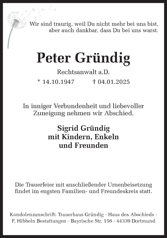 Traueranzeige von Peter Gründig von Ruhr Nachrichten