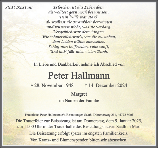 Traueranzeige von Peter Hallmann von Trauer Vest