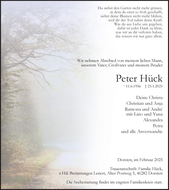 Traueranzeige von Peter Hück von Ruhr Nachrichten und Dorstener Zeitung
