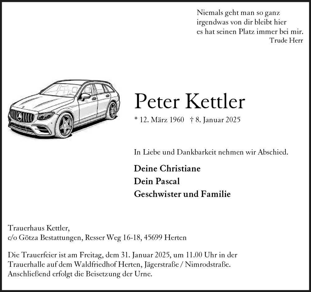  Traueranzeige für Peter Kettler vom 18.01.2025 aus Trauer Vest