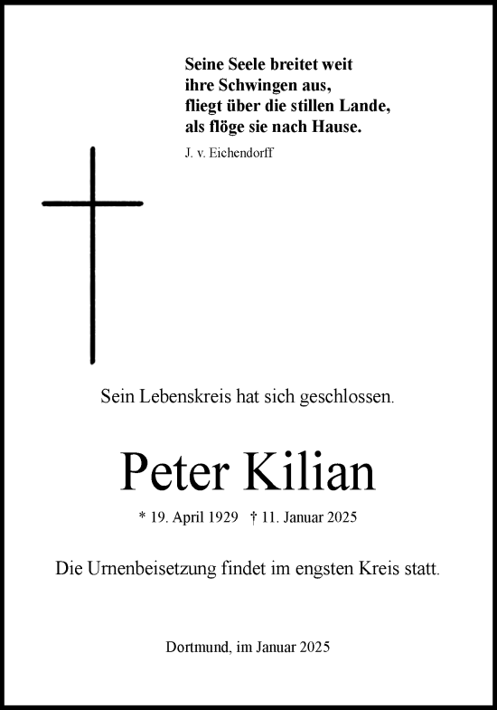 Traueranzeige von Peter Kilian von Ruhr Nachrichten