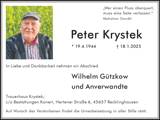 Traueranzeige von Peter Krystek von Trauer Vest