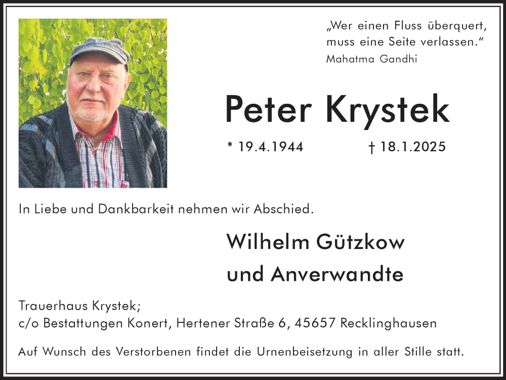  Traueranzeige für Peter Krystek vom 25.01.2025 aus Trauer Vest