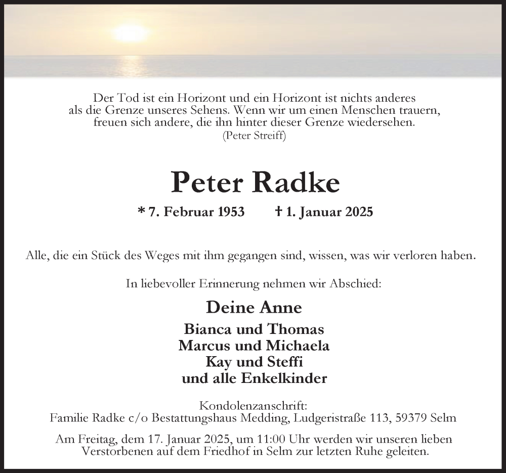  Traueranzeige für Peter Radke vom 11.01.2025 aus Ruhr Nachrichten