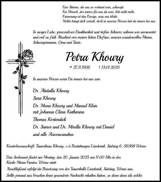Traueranzeige von Petra Khoury von Ruhr Nachrichten