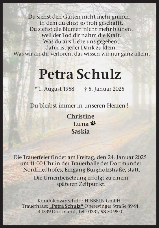 Traueranzeige von Petra Schulz von Ruhr Nachrichten