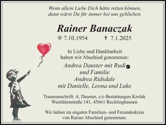 Traueranzeige von Rainer Banaczak von Trauer Vest