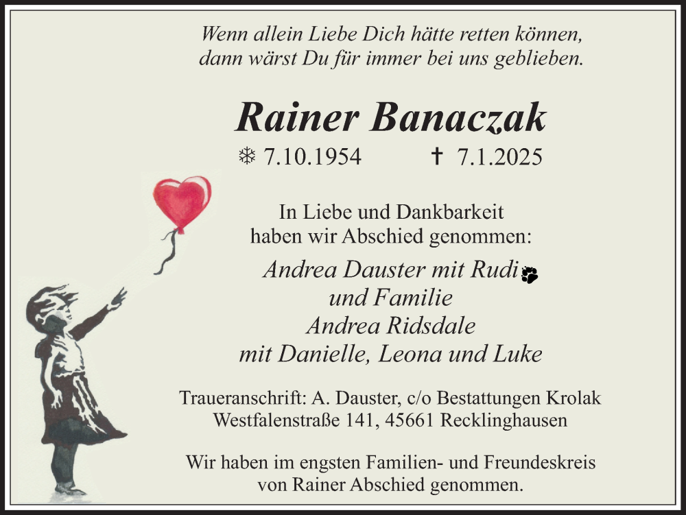  Traueranzeige für Rainer Banaczak vom 25.01.2025 aus Trauer Vest