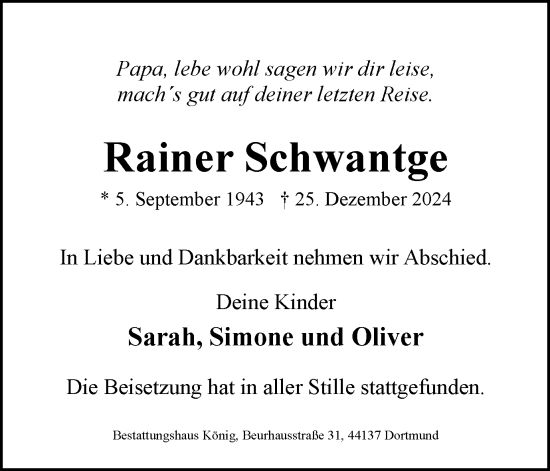 Traueranzeige von Rainer Schwantge von Ruhr Nachrichten