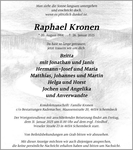 Traueranzeige von Raphael Kronen von Ruhr Nachrichten und Dorstener Zeitung