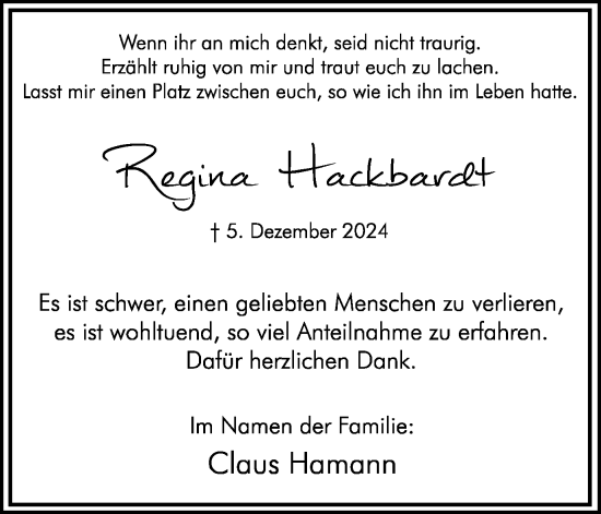 Traueranzeige von Regina Hackbardt von Hellweger Anzeiger