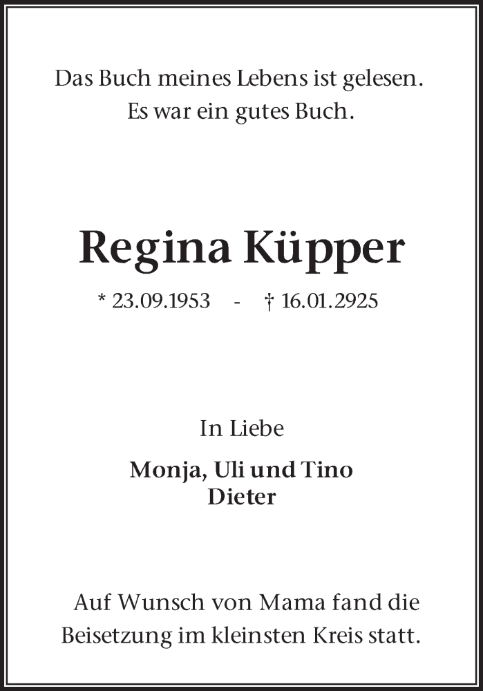  Traueranzeige für Regina Küpper vom 01.02.2025 aus Ruhr Nachrichten